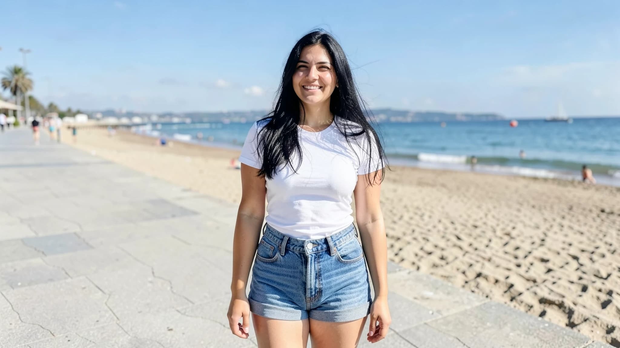 Adult woman in a T-shirt and denim shorts on a beach promenade