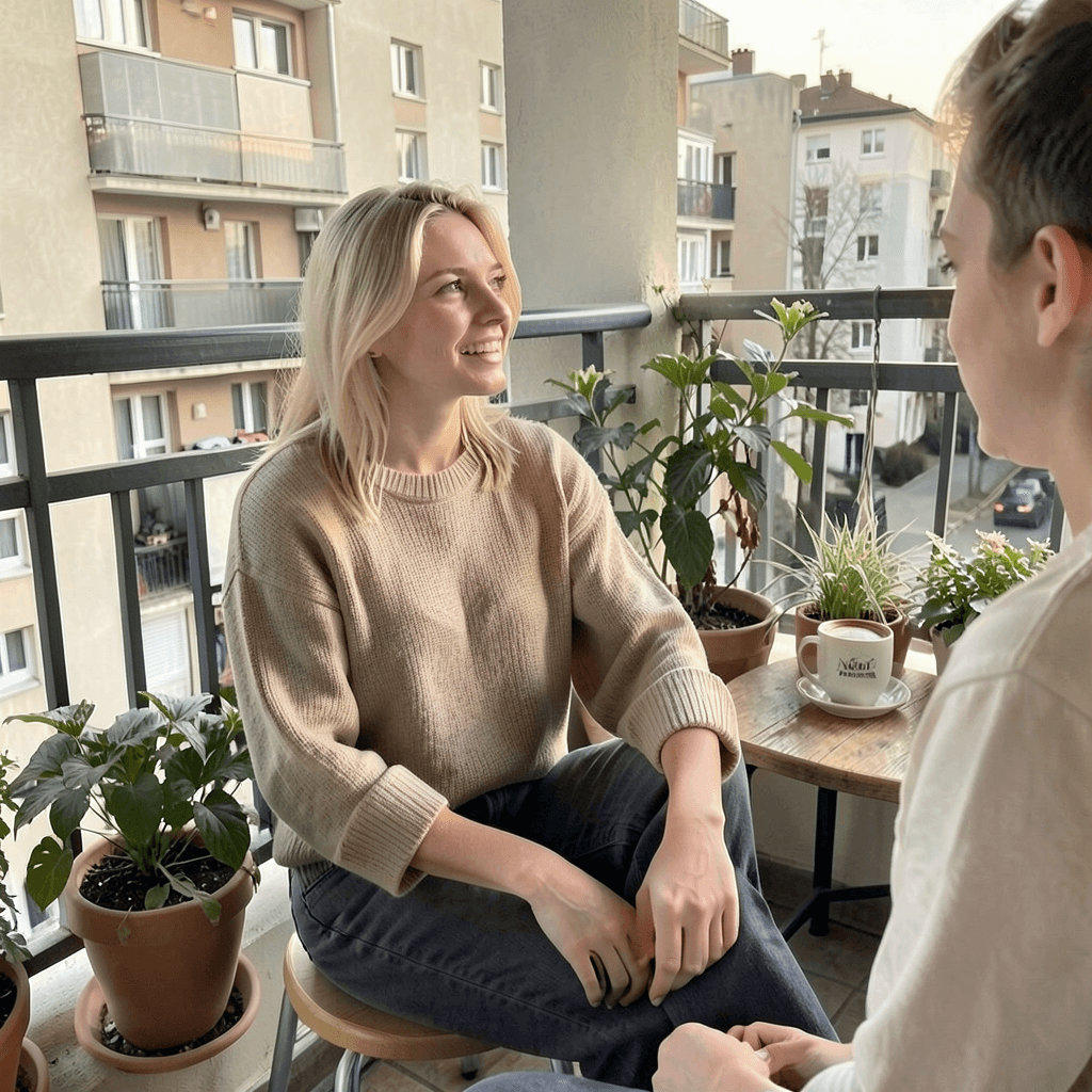 The same adult woman relaxing on an apartment balcony