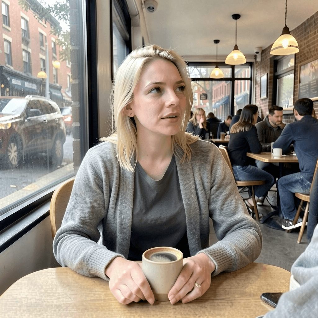 Alyssa relaxing at a neighborhood cafe, created with her Person Custom Model