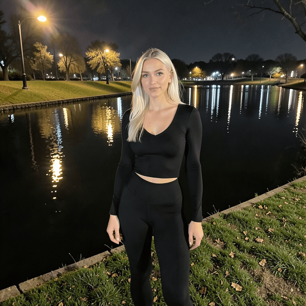 Casual smartphone photo beside a park pond at night