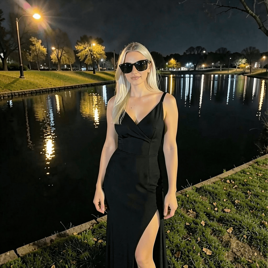 The same adult character in the dress and sunglasses