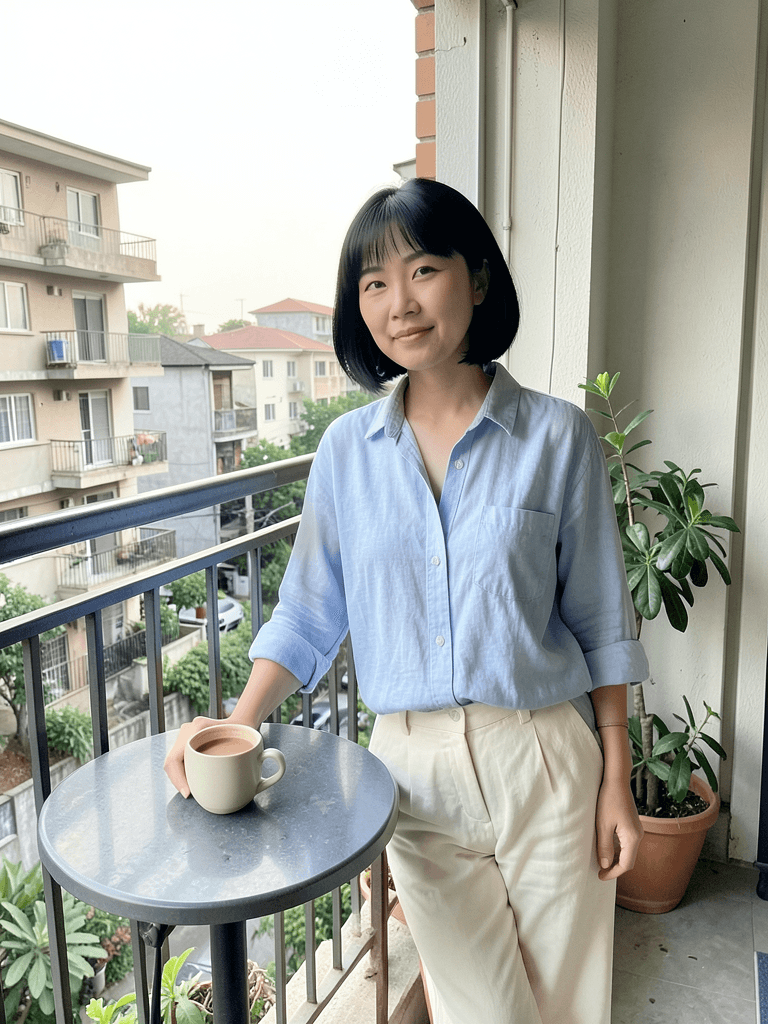 Adult woman having coffee on an apartment balcony