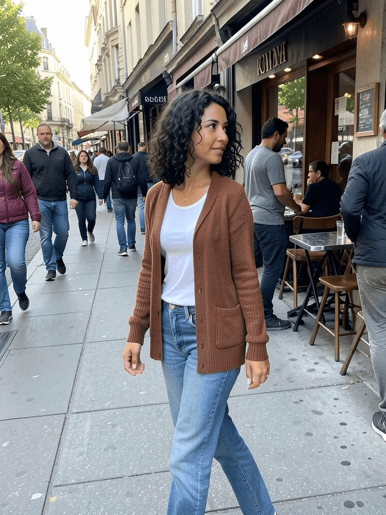 Adult woman in casual clothes walking past a city cafe